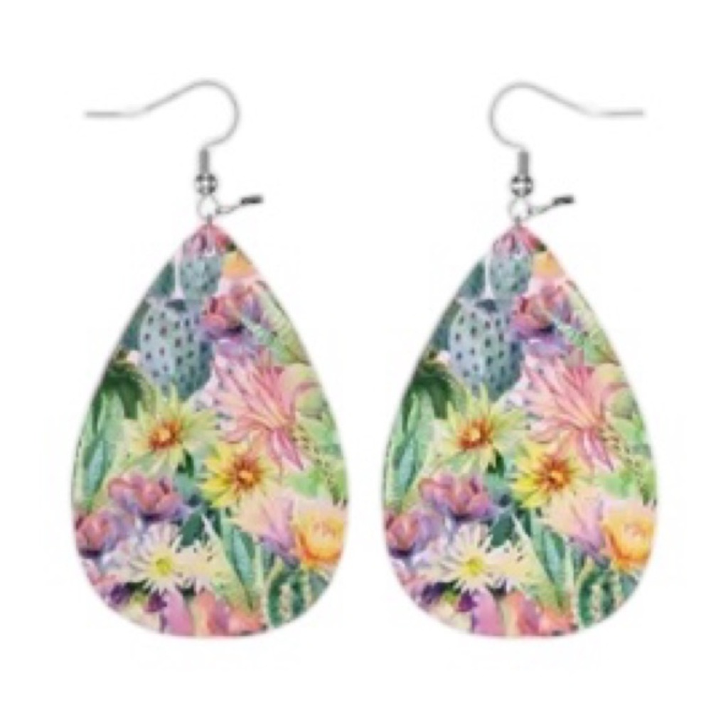 Vegan Leather Colorful Tropical Print Drop Style Earrings